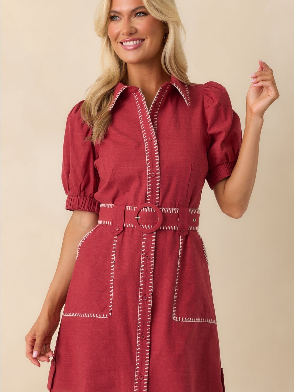 NWT ENTRO HEARD IT BEFORE BURGUNDY COTTON BELTED MINI SHIRT DRESS